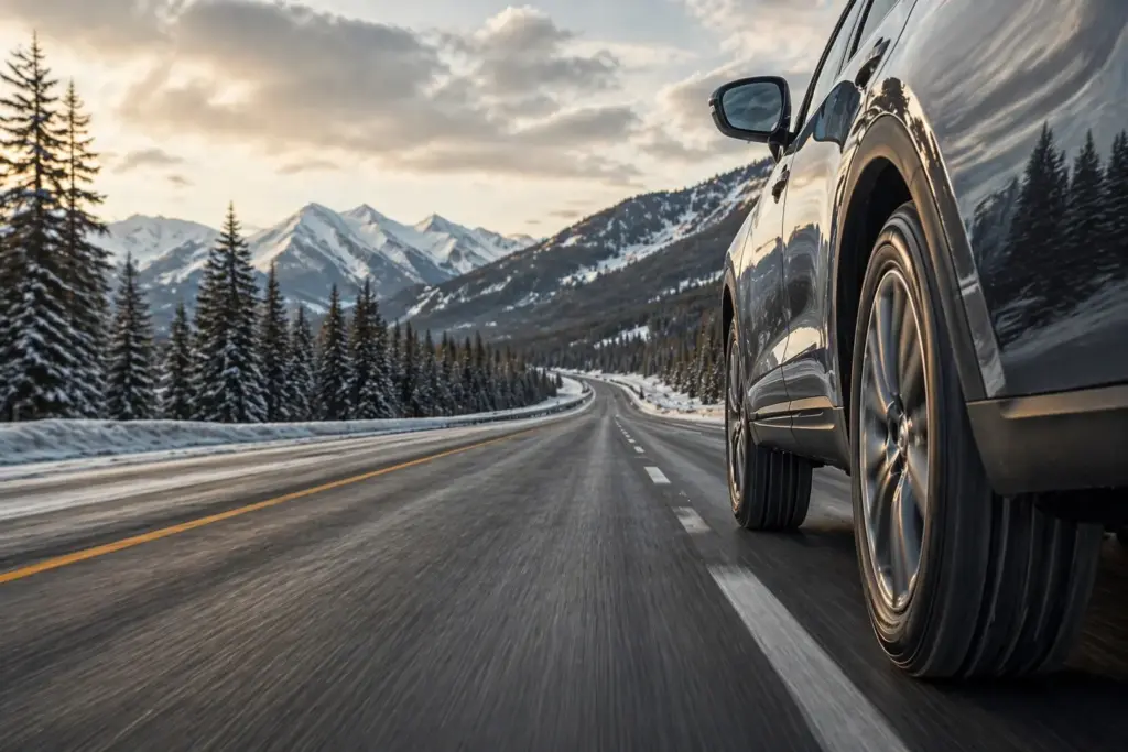 Rear three-quarter view of a dark SUV driving on a snowy mountain highway with pine trees and snow-capped peaks in the distance.