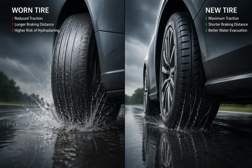 Split-screen showing a worn tire on the left and a new tire on the right, comparing traction and braking on wet pavement.