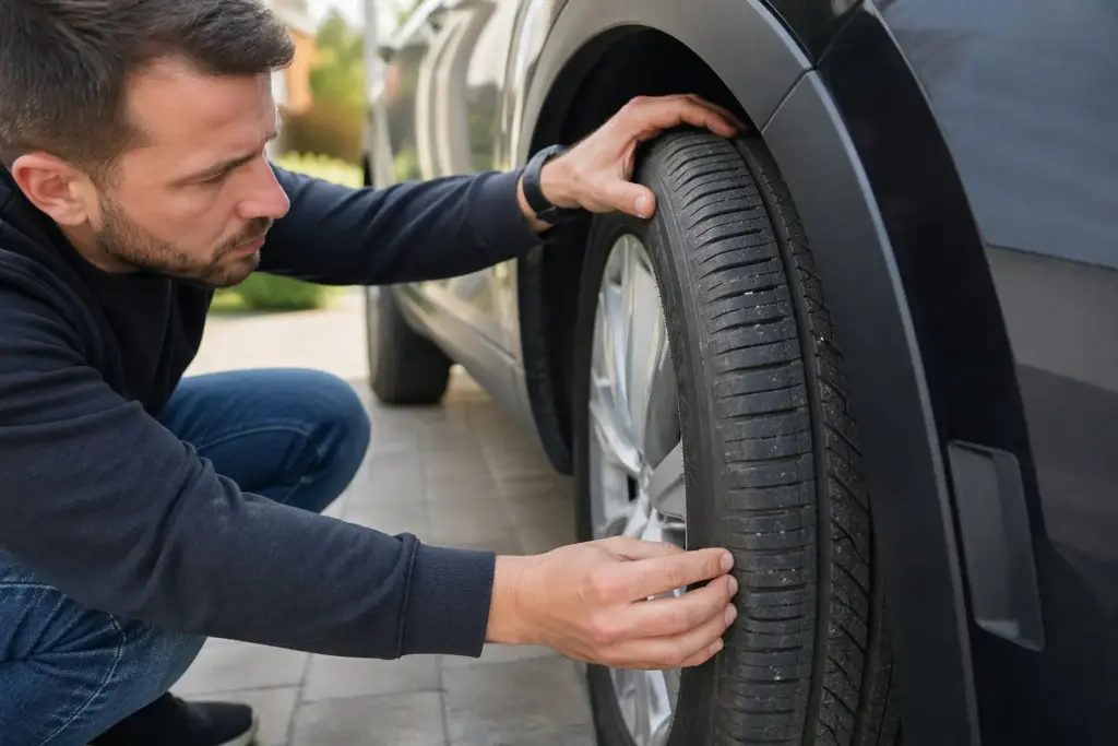 Man crouching beside a car, inspecting the front tire for wear and pressure on a driveway.