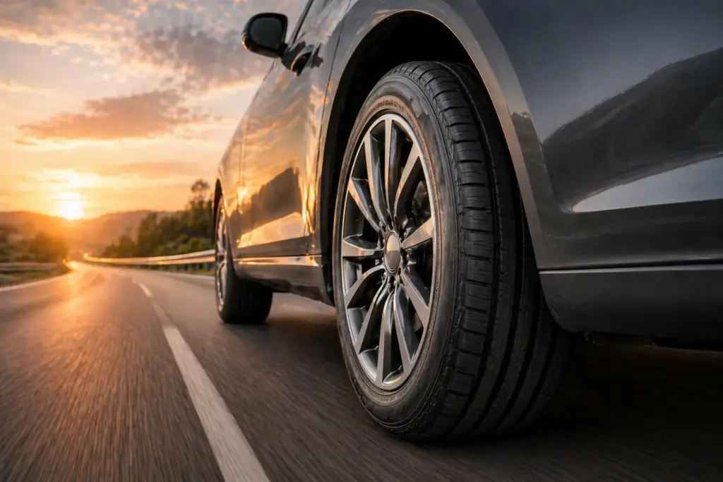 Close-up of a car tire and alloy wheel on an open road at sunset/Golden hour light reflects off the car body and wheel.