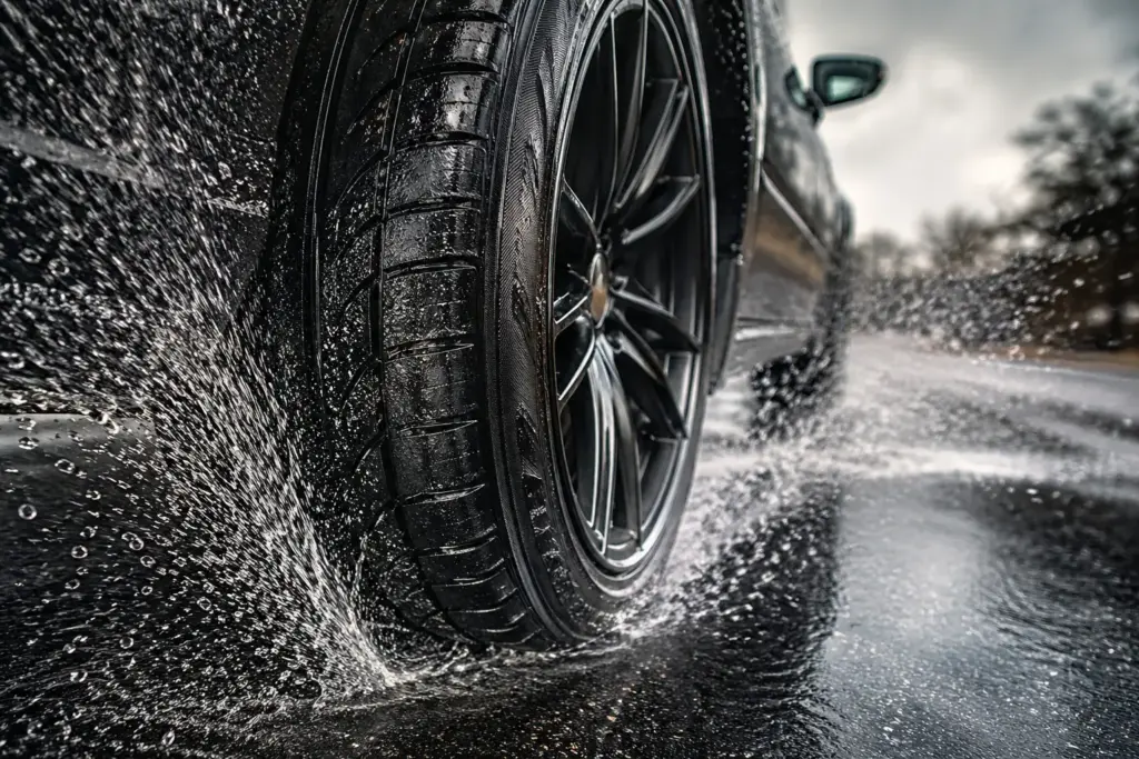 Close-up of a black alloy car wheel and tire spraying water on a wet road.