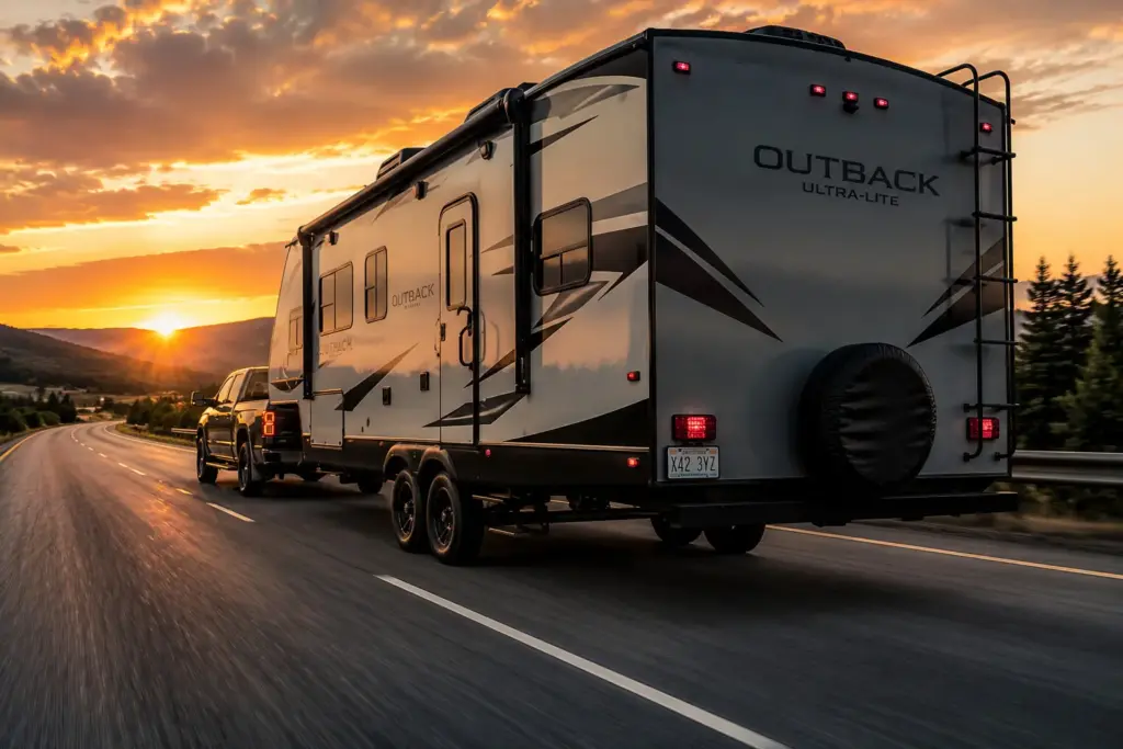 White Outback Ultra-Lite travel trailer hitched to a pickup driving on a highway at sunset.