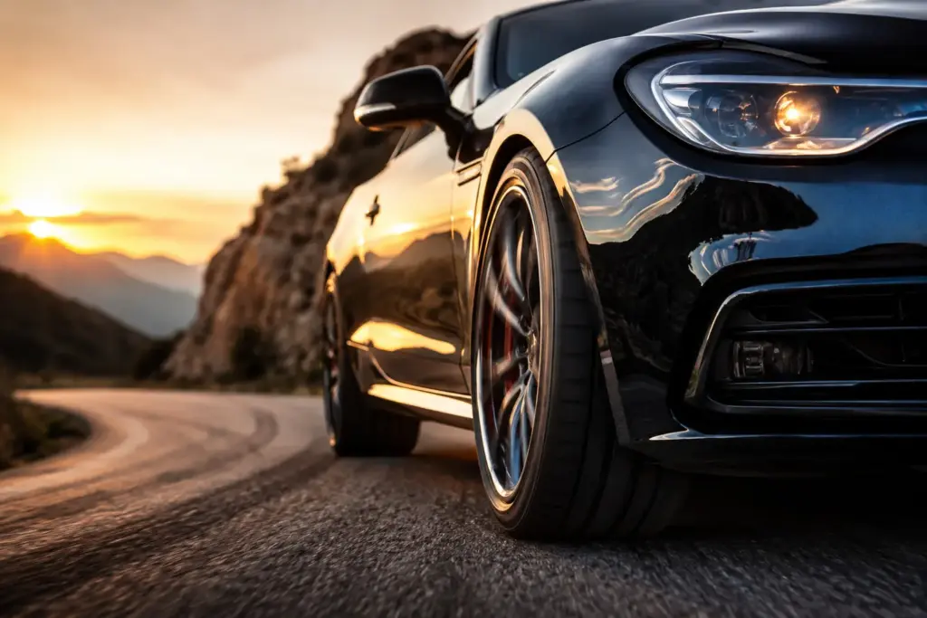 Close-up side view of a glossy black sports car on a winding mountain road at sunset, reflecting the sunset glow on the body.