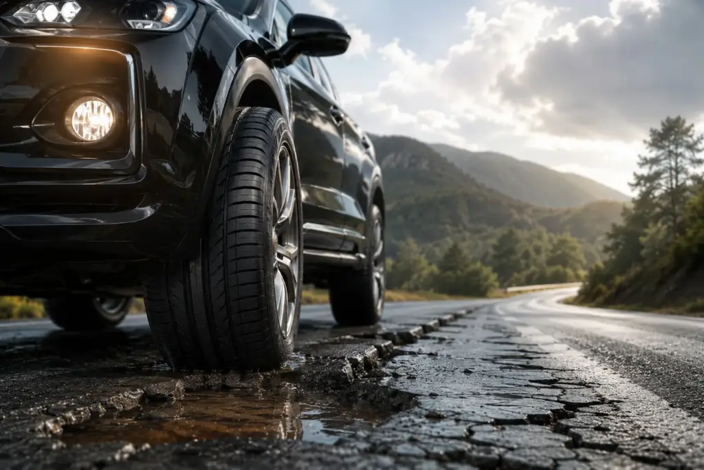 Black SUV with one front tire on a cracked wet road, mountains in the distance and a cloudy sky behind it.