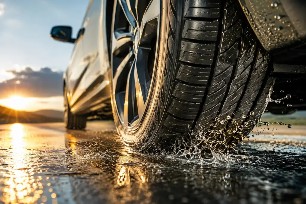 Close-up of a car tire on a wet road, water spraying as the sunset glow reflects off the pavement and wheel.