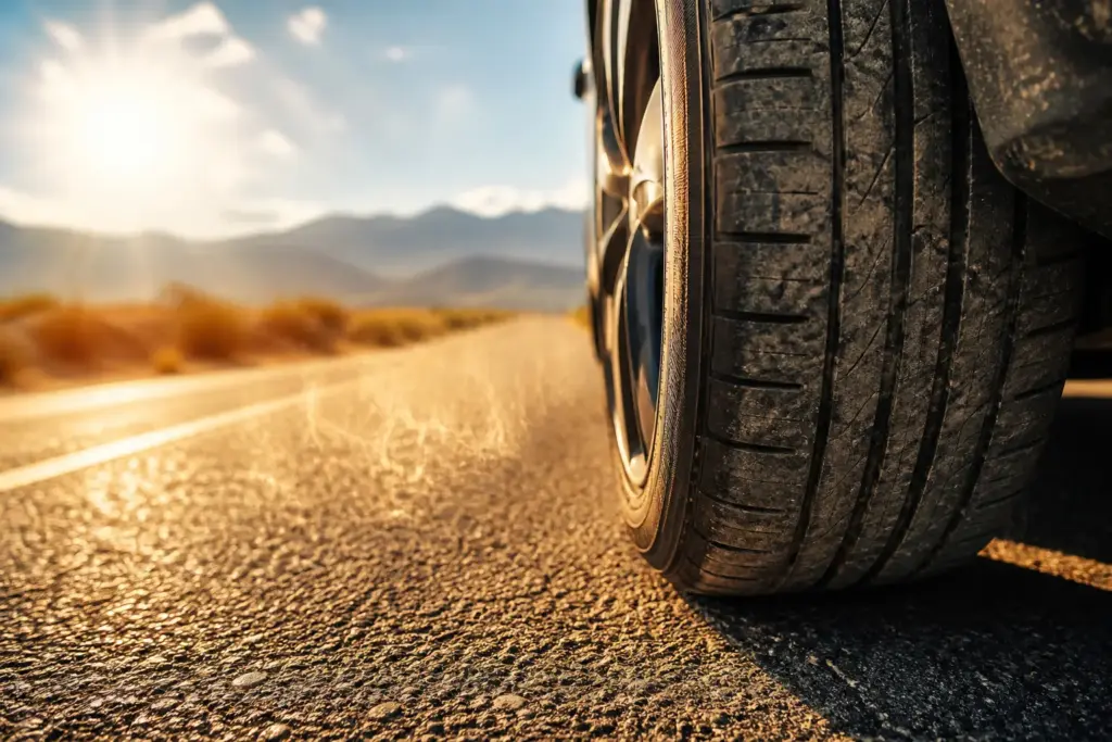 Close-up of a car tire on a sunlit asphalt road with desert brush and distant mountains in warm evening light
