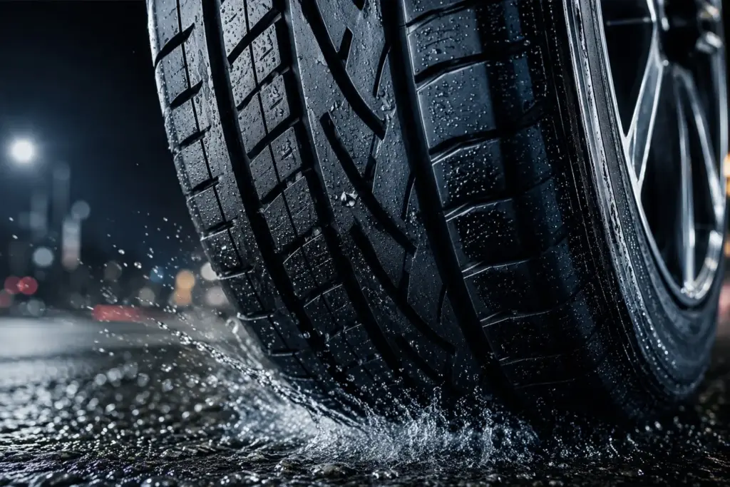 Close-up of a wet car tire skidding on a rain-slick street at night with water droplets spraying outward