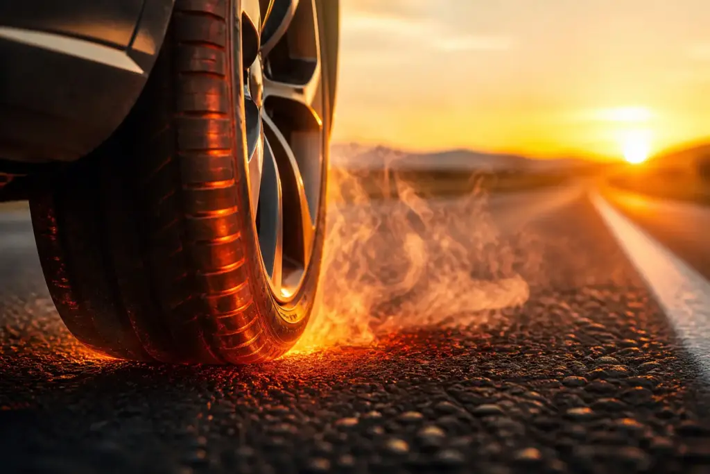 Close-up of a car tire on asphalt at sunset, with orange glow and light smoke around the contact patch.