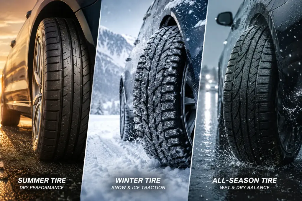 Collage of three tires: left shows a summer tire on a warm, sunlit road; center shows a winter tire in snowy terrain; right shows an all-season tire in wet conditions. Captions read 'Summer Tire Dry Performance', 'Winter Tire Snow & Ice Traction', and 'All-Season Tire Wet & Dry Balance'