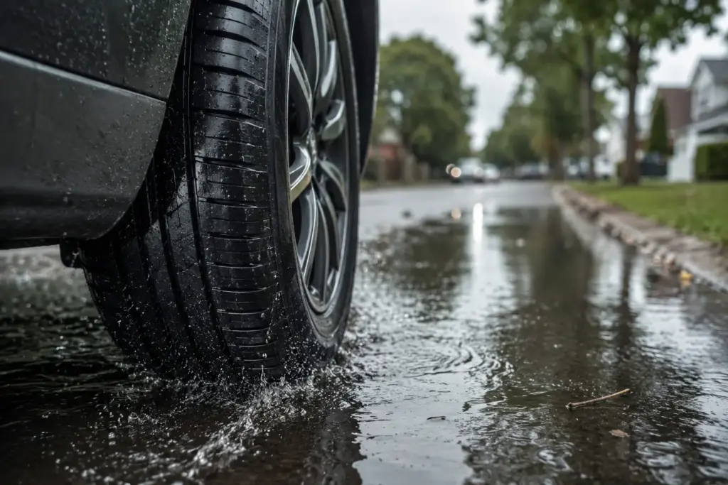 Close-up of a car tire driving through a puddle on a wet suburban street, water spraying around the tire.