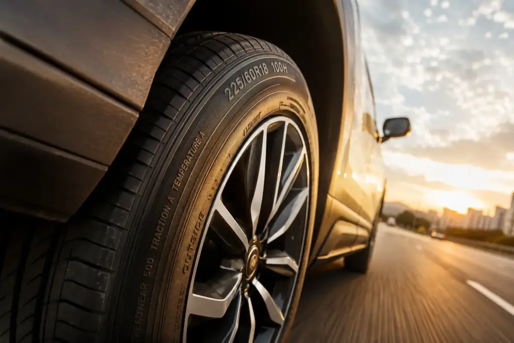 Close-up of a car tire and rim on an asphalt road during sunset, with a city skyline in the distance.
