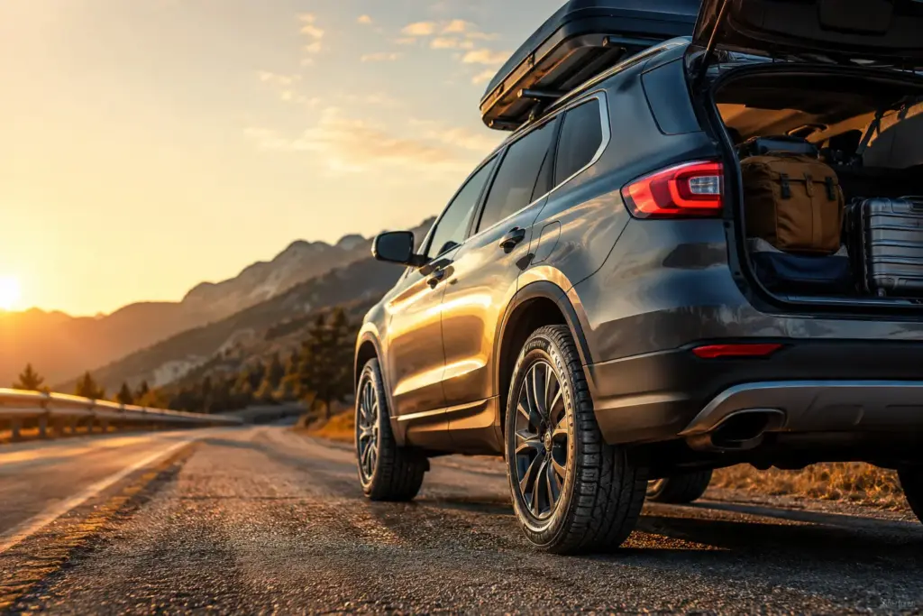 SUV parked on a mountain road at sunset with the trunk open and luggage inside