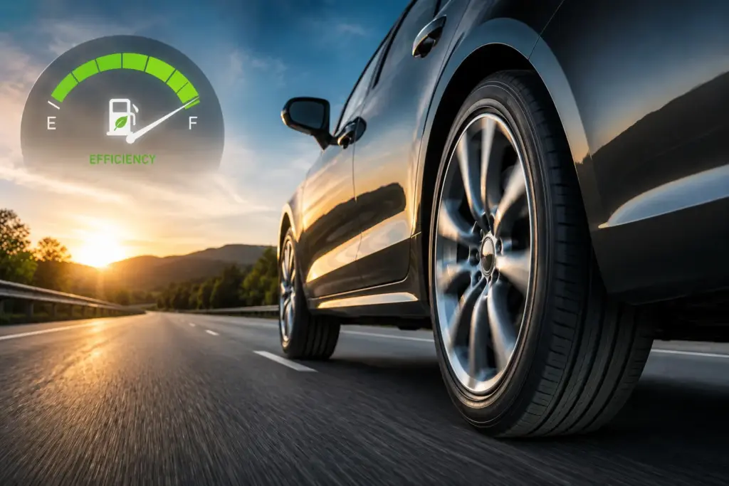 Car driving on highway with a green fuel-efficiency gauge overlay indicating high efficiency.