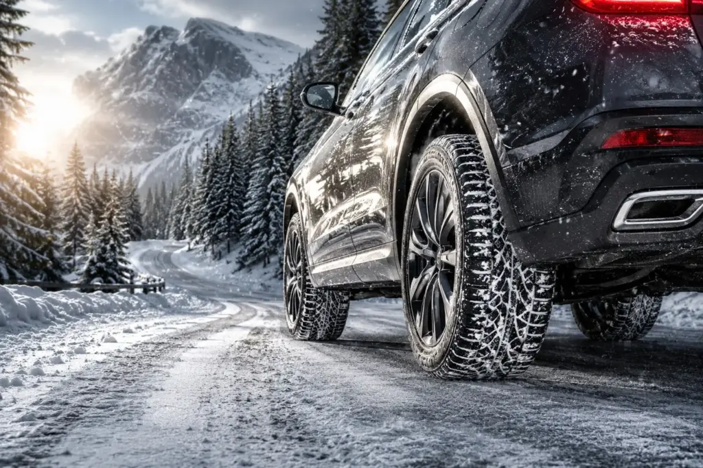 Black SUV on a snow-covered mountain road with fresh tire tracks and snow spraying from the wheels at sunset/early morning light.