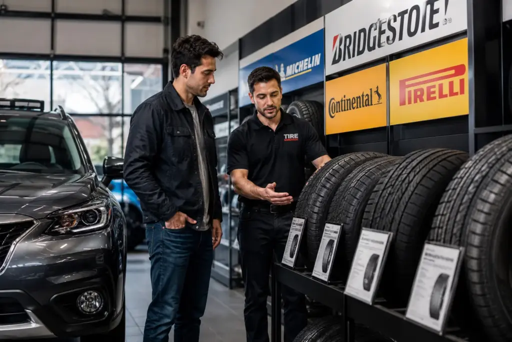 Two men in a tire shop examine tires on display beside a gray SUV.