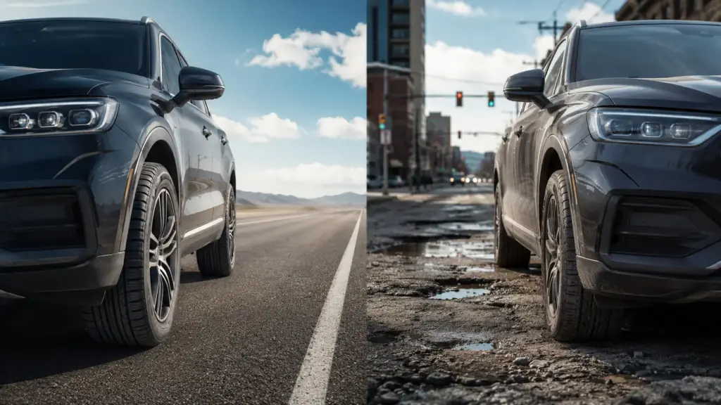 Split-screen view: left shows a smooth highway under a blue sky; right shows a pothole-filled urban street.