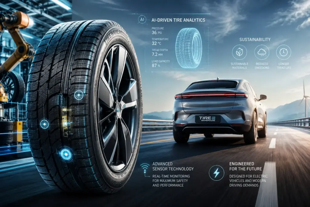 Close-up of a tire with blue holographic AI tire analytics UI beside a car on a highway, conveying advanced sensing.