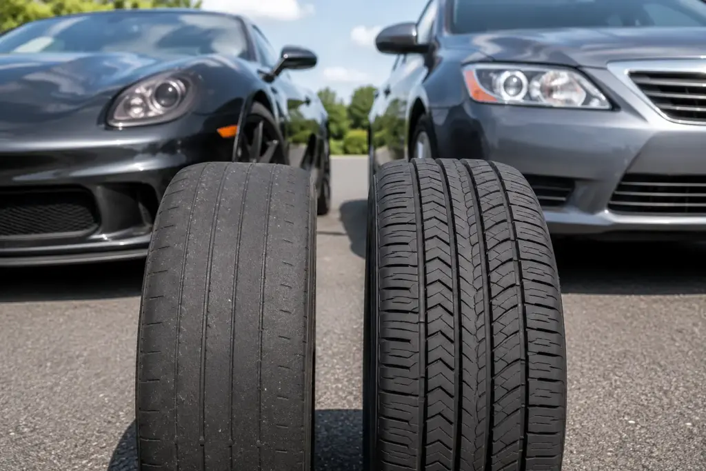 Two car tires in the foreground with two parked cars facing each other in the background on a sunny day.