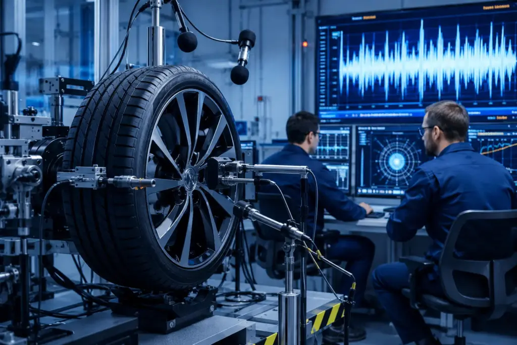 Car tire mounted on a testing rig with two engineers monitoring data on large computer displays in the background.
