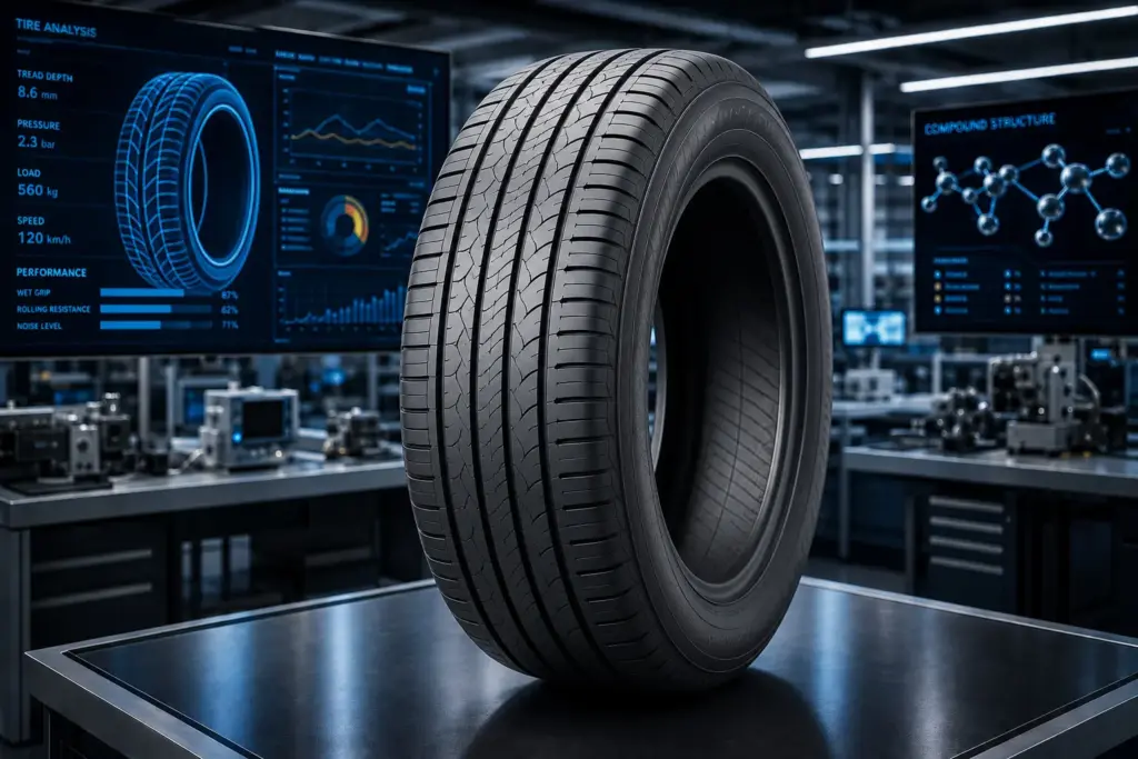 Tire standing upright on a metal worktable in a high-tech lab with blue analysis screens showing tire data and graphs behind it.
