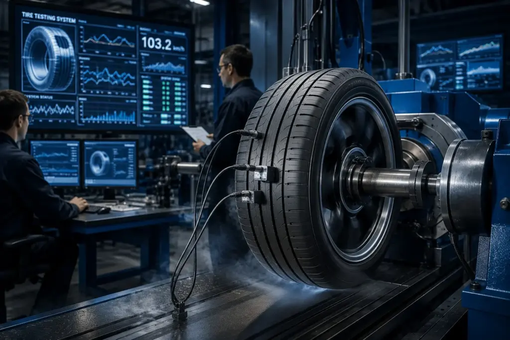 Industrial tire testing rig with a large spinning tire on a blue machine while technicians monitor data on multiple screens in a dim lab.
