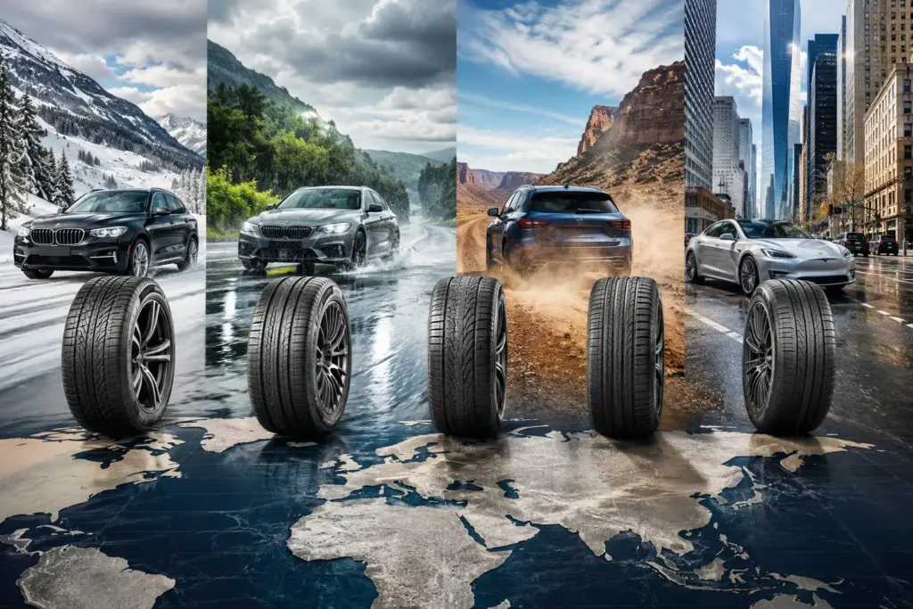 Row of car tires aligned over a world map, each panel showing a different driving environment: snow, rain, desert dust, and city streets behind them.