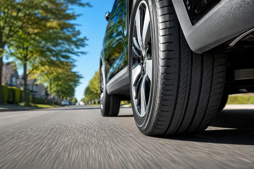 Close-up of a car wheel and tire rolling on a sunlit asphalt street with a tree-lined neighborhood in the background