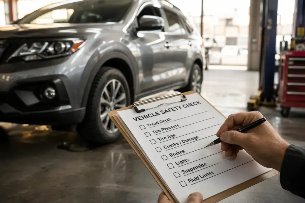 Mechanic fills out a vehicle safety checklist beside a gray SUV in an auto shop.
