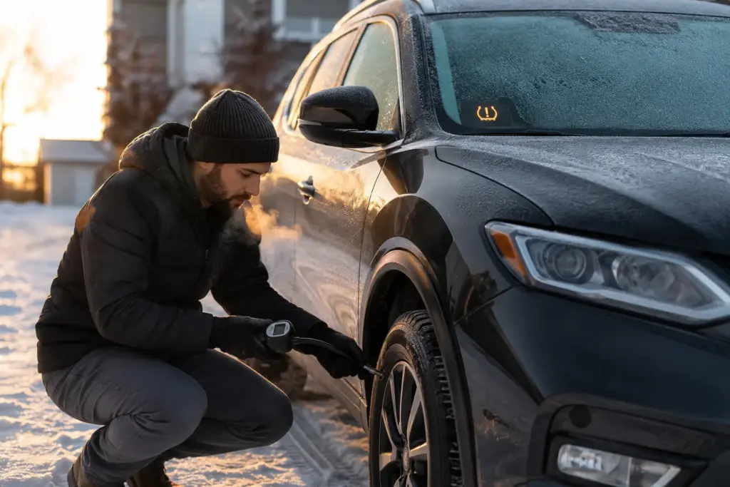 Man in a black winter coat and beanie inflates a car tire with a portable air compressor by a snow-covered vehicle at dusk.