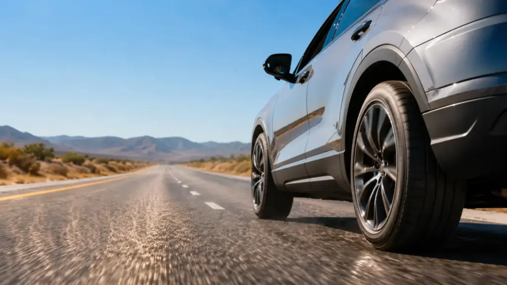 Close-up side view of a silver SUV driving on a desert highway with distant mountains under a clear blue sky.