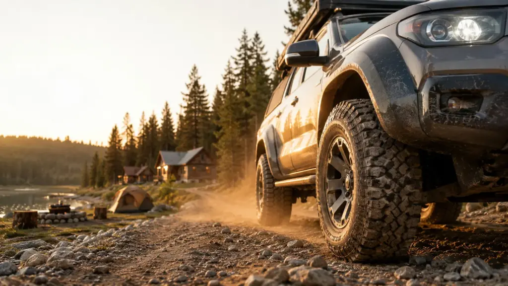 Mud-splattered SUV driving on a rocky campsite road at sunset with tents and cabins in the background.