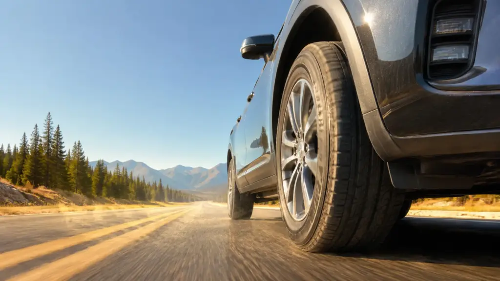 Low-angle view of SUV driving on a empty highway with pine trees and mountains in the distance under a clear blue sky