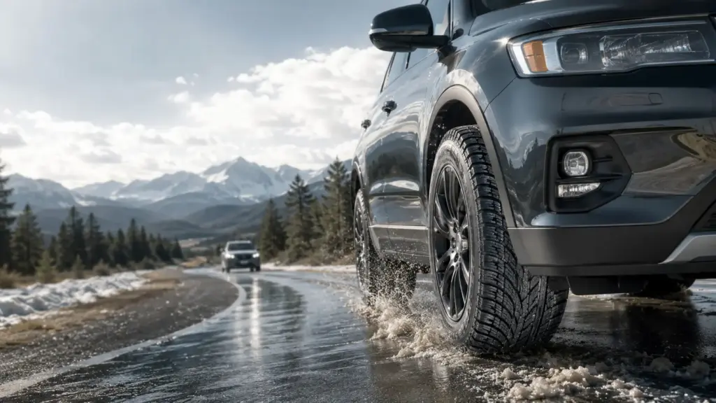 Close-up of a gray SUV driving on a wet, icy mountain road with snow on the sides and distant mountains in view scroll.