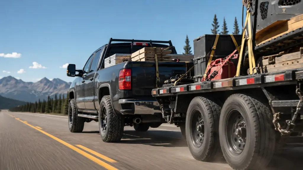Dark pickup truck towing a flatbed trailer loaded with crates, toolboxes and gear on a mountain road.