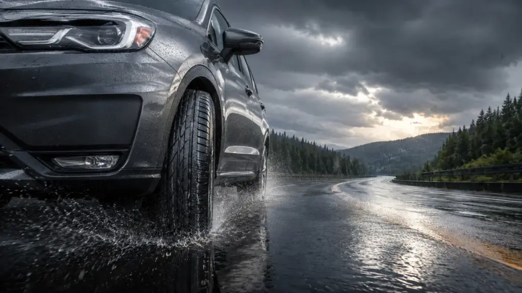 Gray SUV driving on a wet mountain road, spraying water from tires as stormy clouds loom overhead and trees line the highway.