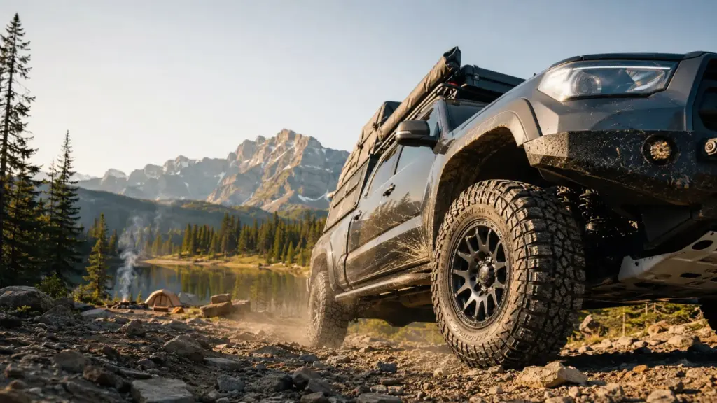 Mud-splattered off-road truck with roof rack beside a rocky trail, lake and tents in a mountain campsite backdrop.
