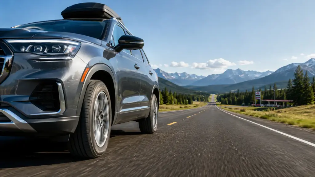 Silver SUV with roof box driving along a mountain highway under a clear blue sky with evergreen trees and distant snow-capped peaks