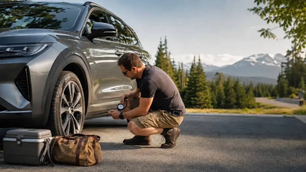 Man crouches beside a gray SUV, checking the front tire pressure with a gauge in a mountainous parking area.