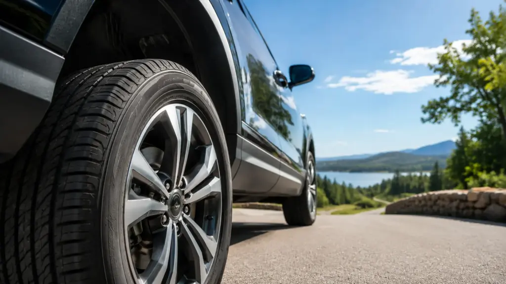 Close-up of a car tire and alloy wheel on a paved road, with a scenic lake and mountains in the background.