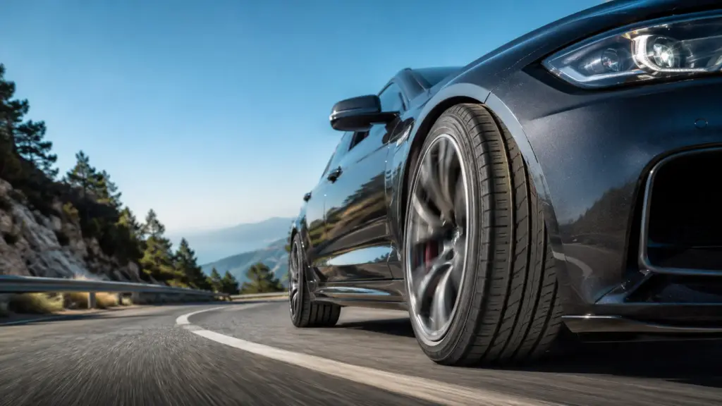 Close-up of a dark blue sports car's front wheel on a winding mountain road with trees and guardrail in the background.