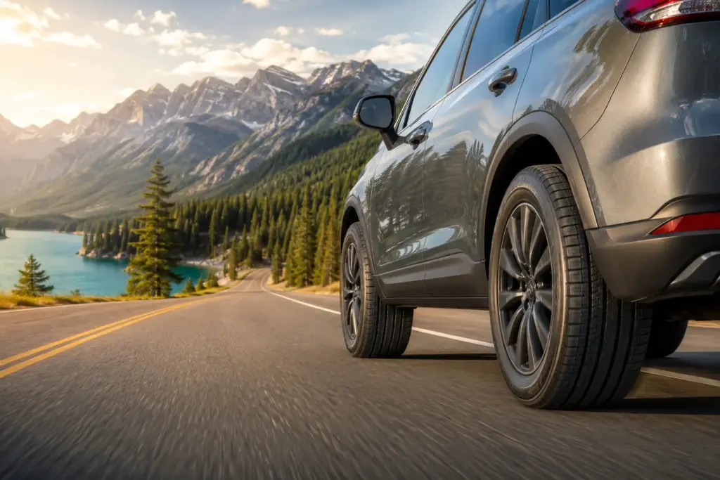 Silver SUV driving along a winding mountain road beside a turquoise lake and pine forest.