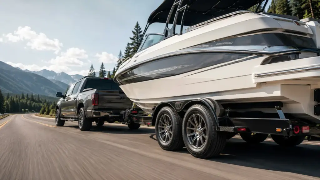 Gray pickup truck towing a large white boat on a trailer along a mountain highway with trees and mountains in the background.