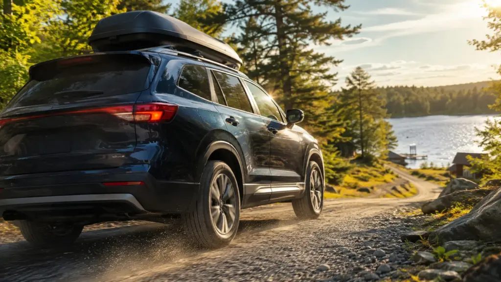 Black SUV with rooftop cargo box driving along a rocky forest road by a lake at sunset.
