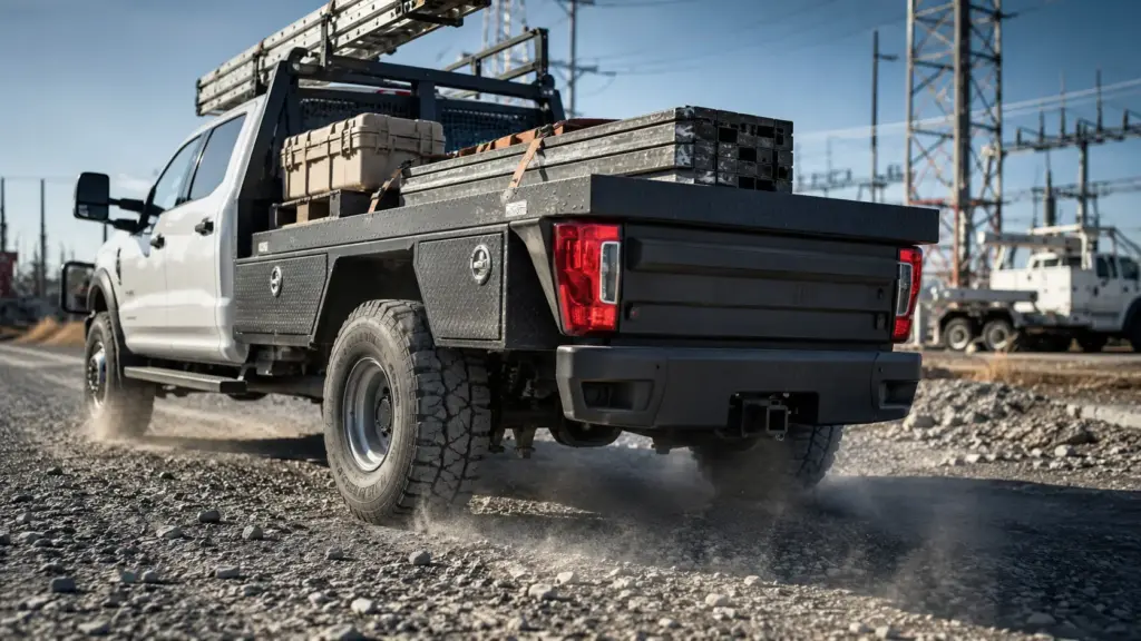 White utility pickup driving on a gravel road at a construction site, with ladders, a toolbox, and metal beams secured in the bed.