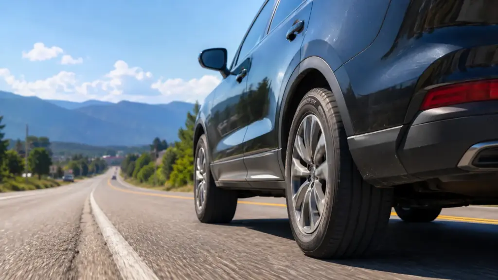 Blue SUV driving on a rural mountain highway with blue sky and distant mountains.
