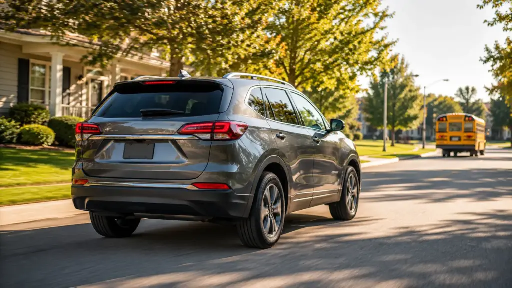 Silver SUV driving away on a quiet suburban street with a yellow school bus in the distance amid green trees and houses nearby.