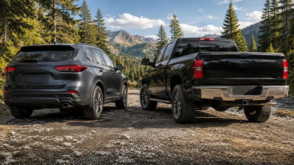 Two SUVs parked on a rocky dirt road in a forested mountain area, with peaks in the distance under a blue sky.