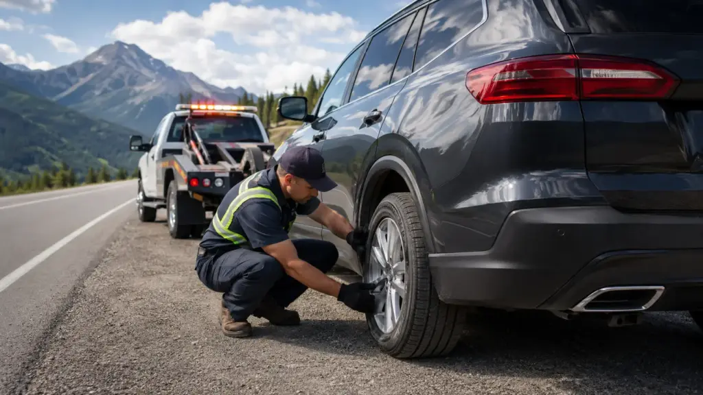 Roadside assistance: a worker changing a car tire on a mountain highway with a tow truck in the background and mountains.