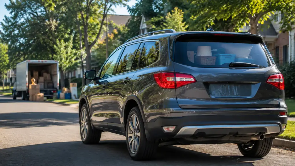 Rear three-quarter view of a gray SUV parked on a suburban street with a moving truck and boxes in the background.”](No)