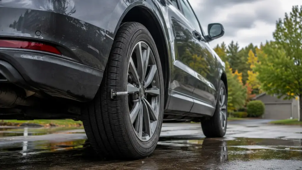 Close-up of a dark gray SUV wheel with a lug wrench inserted into a wheel hub on a wet driveway with autumn trees in the background